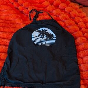 Black Halter Crop Top with White Palm Tree Graphic